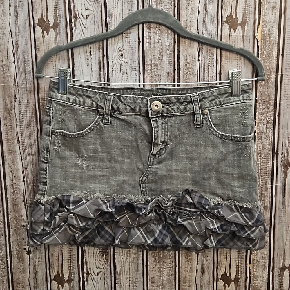 Distressed Denim Mini Skirt with Plaid Ruffle